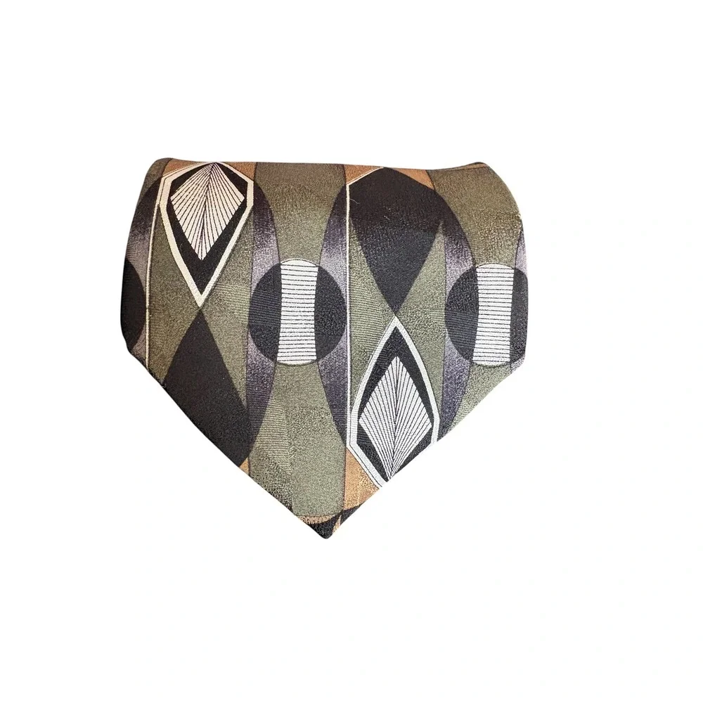 L'Atelier Men's Geometric Neck Tie Green Black Tan Abstract USA Made 58